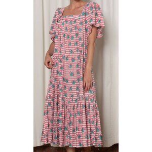 OPHELIA & INDIGO fifi pink stripe & floral organic cotton midi dress size XS